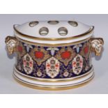 A Lynton Porcelain Company Hamilton Imari demi-lune bough pot, rams' head handles, 21.5cm wide,