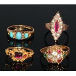 A 19th century 15ct gold cluster set with 10 multi-coloured facet cut stones; an 18ct gold ring