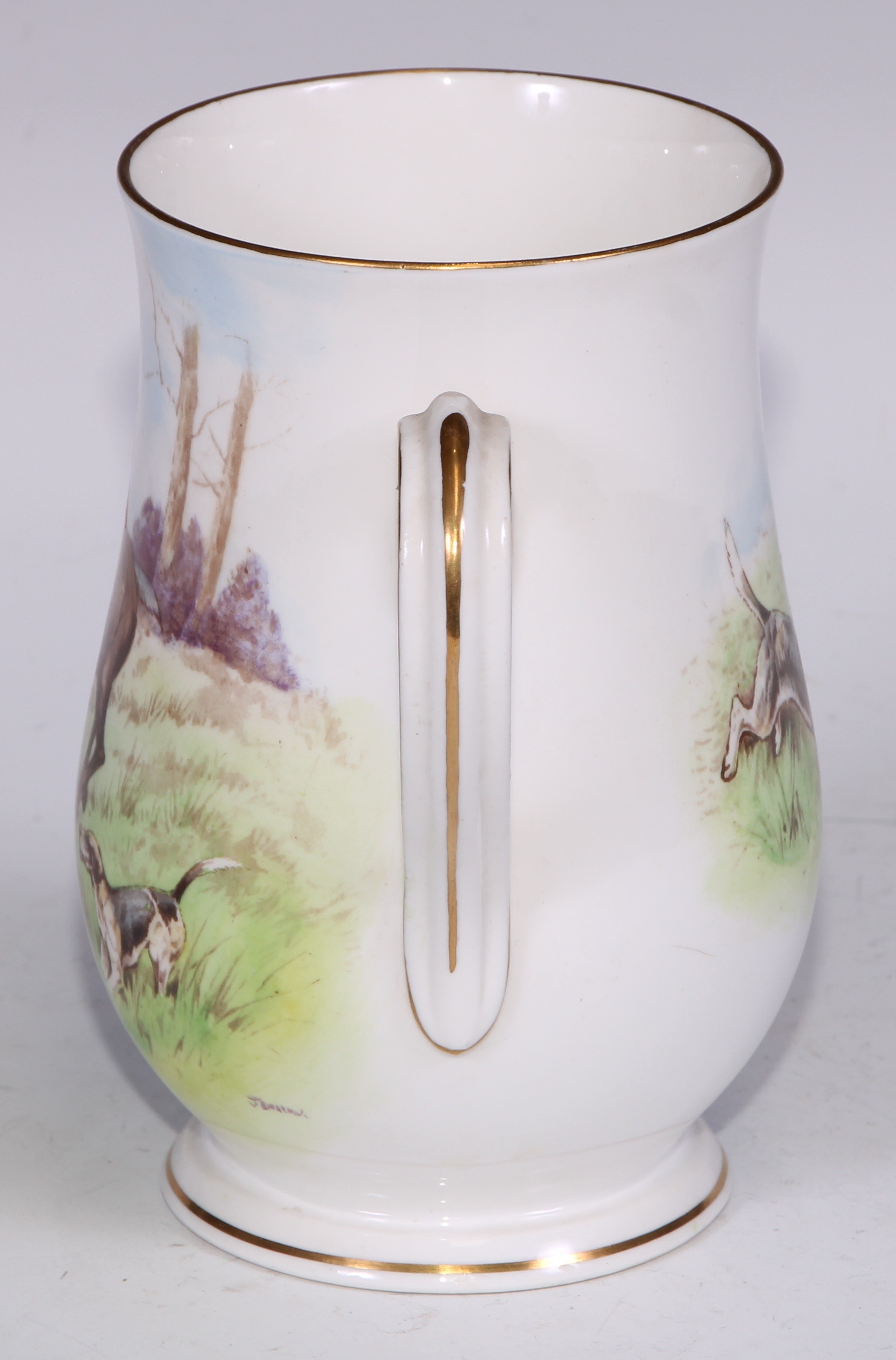 A Royal Crown Derby cylindrical mug, printed and painted by F Cox, with a hunting scene, to verso - Bild 6 aus 42