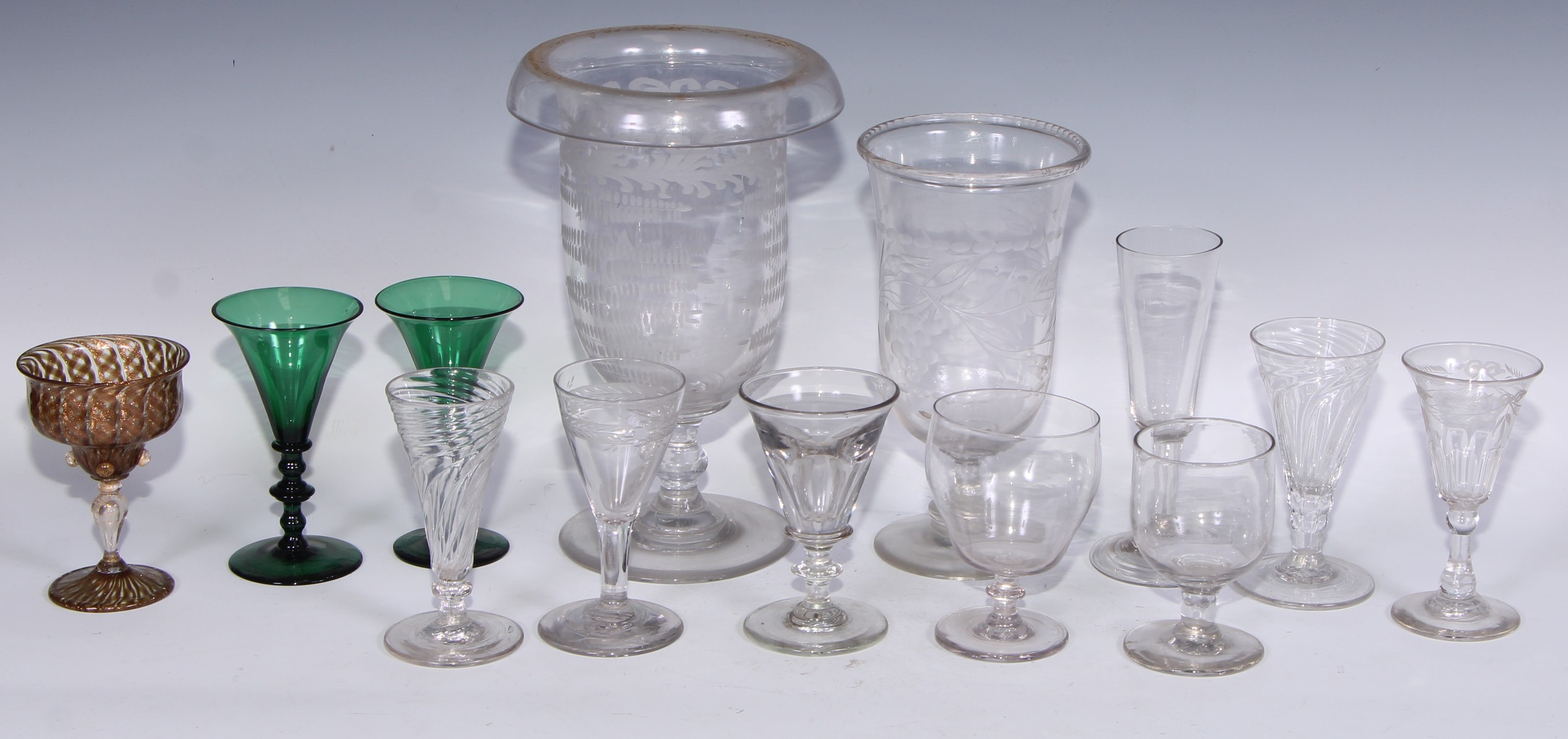 A 19th century etched glass campana vase, 24cm high, c.1880; George III ale glasses; a pair of