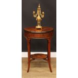 An Edwardian rosewood and marquetry centre work table, circular top rotating to reveal petal-form