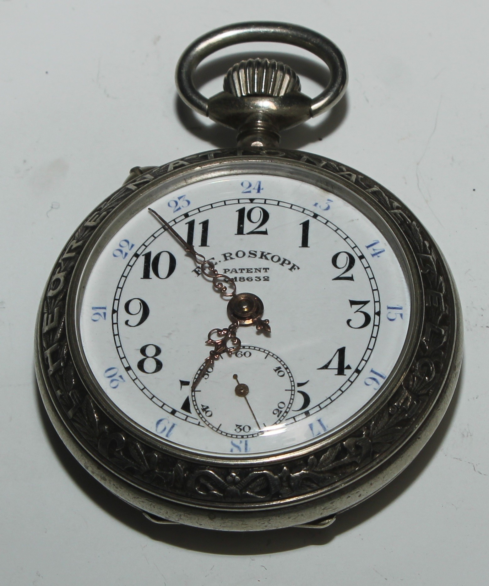 A large Continental silver open faced pocket watch, 5.5cm enamel dial inscribed in gilt upon - Image 4 of 6