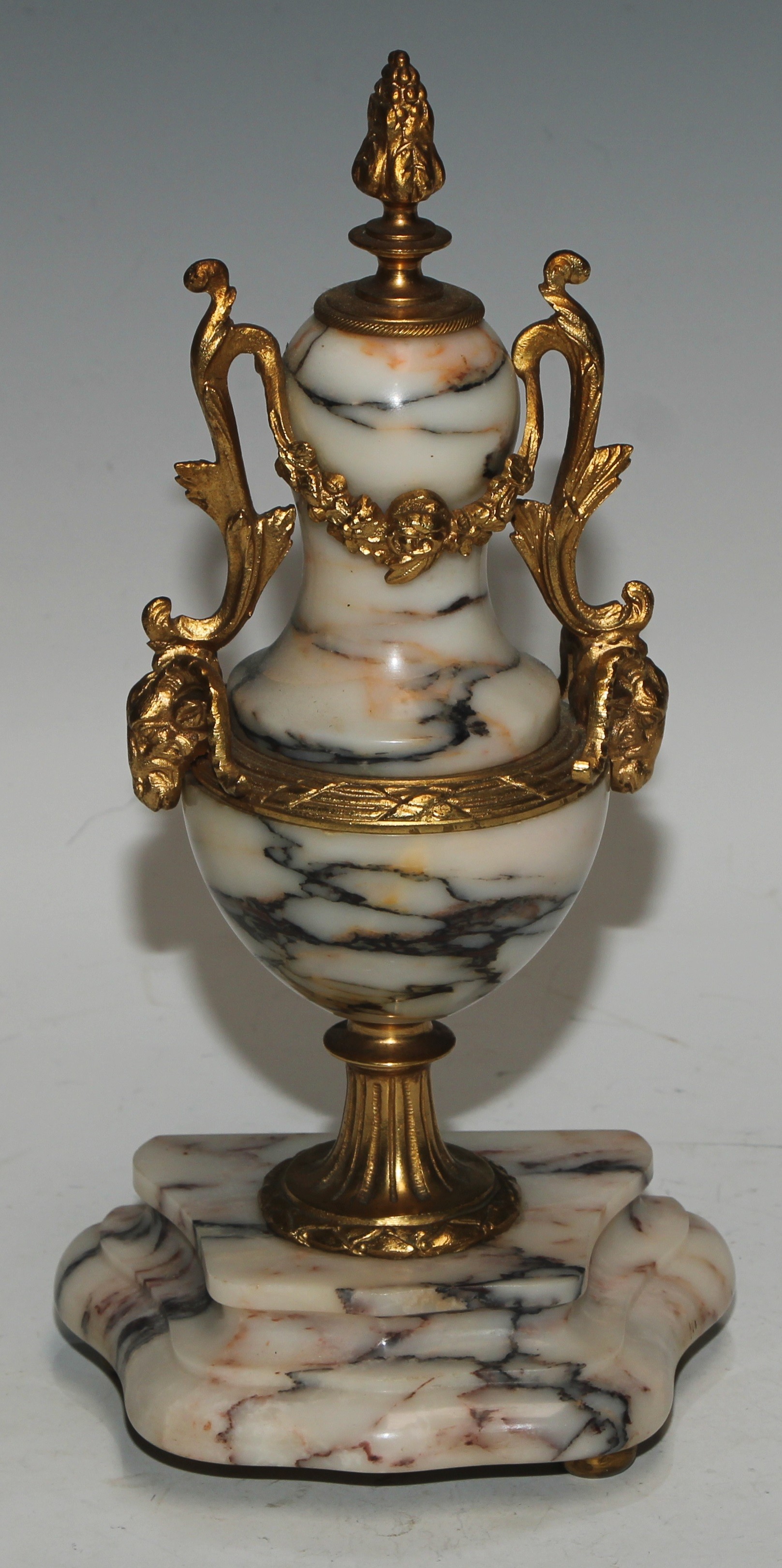 A late 19th century French gilt metal mounted marble portico clock garniture, 8.5cm convex enamel - Image 12 of 15