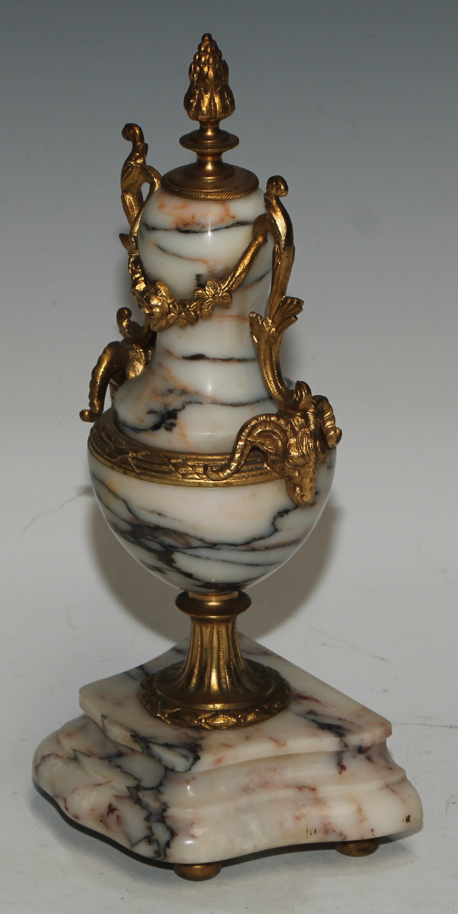 A late 19th century French gilt metal mounted marble portico clock garniture, 8.5cm convex enamel - Image 14 of 15