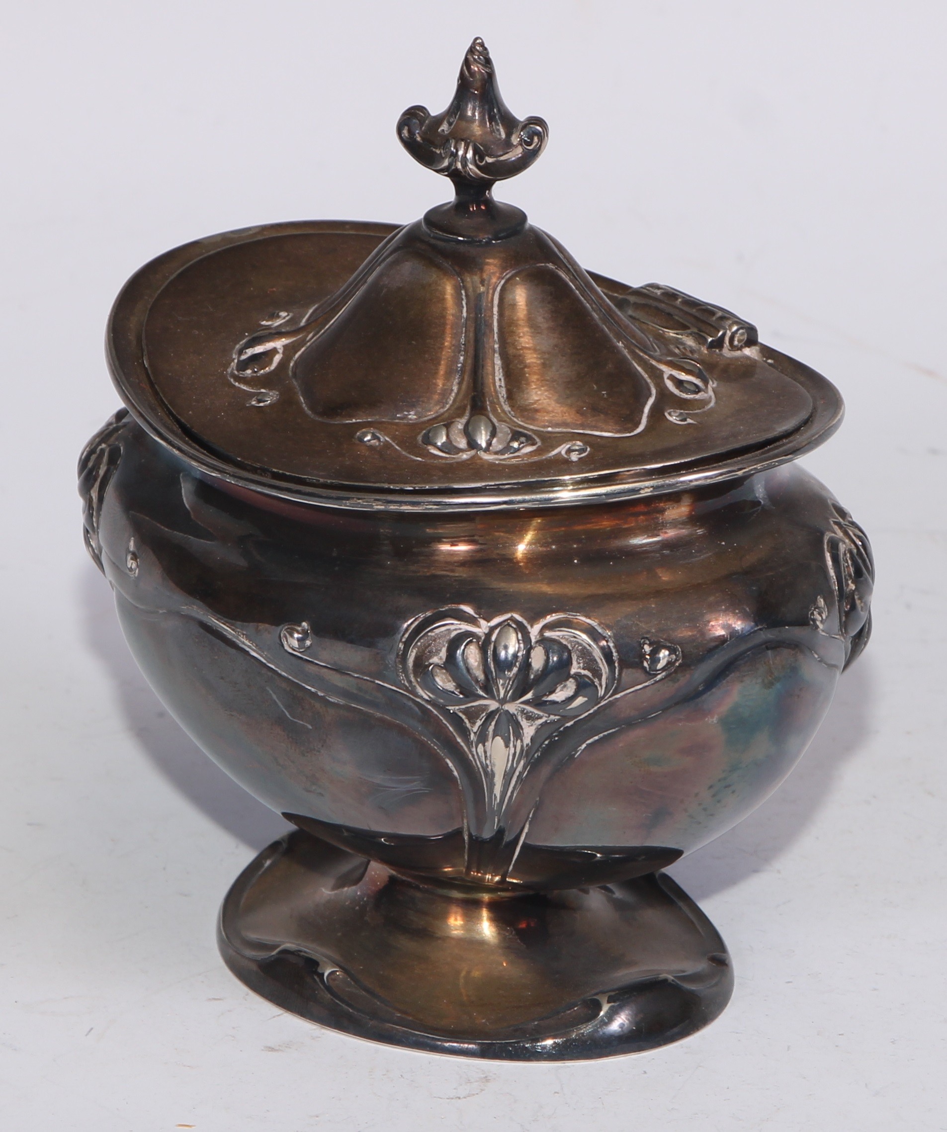 An Art Nouveau silver bombe shaped tea caddy, embossed with stylised flowers on whiplash stems, - Image 4 of 5