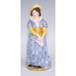 A Royal Crown Derby figure, Mistress Page, from Shakespeare's Merry Wives of Windsor, she stands,