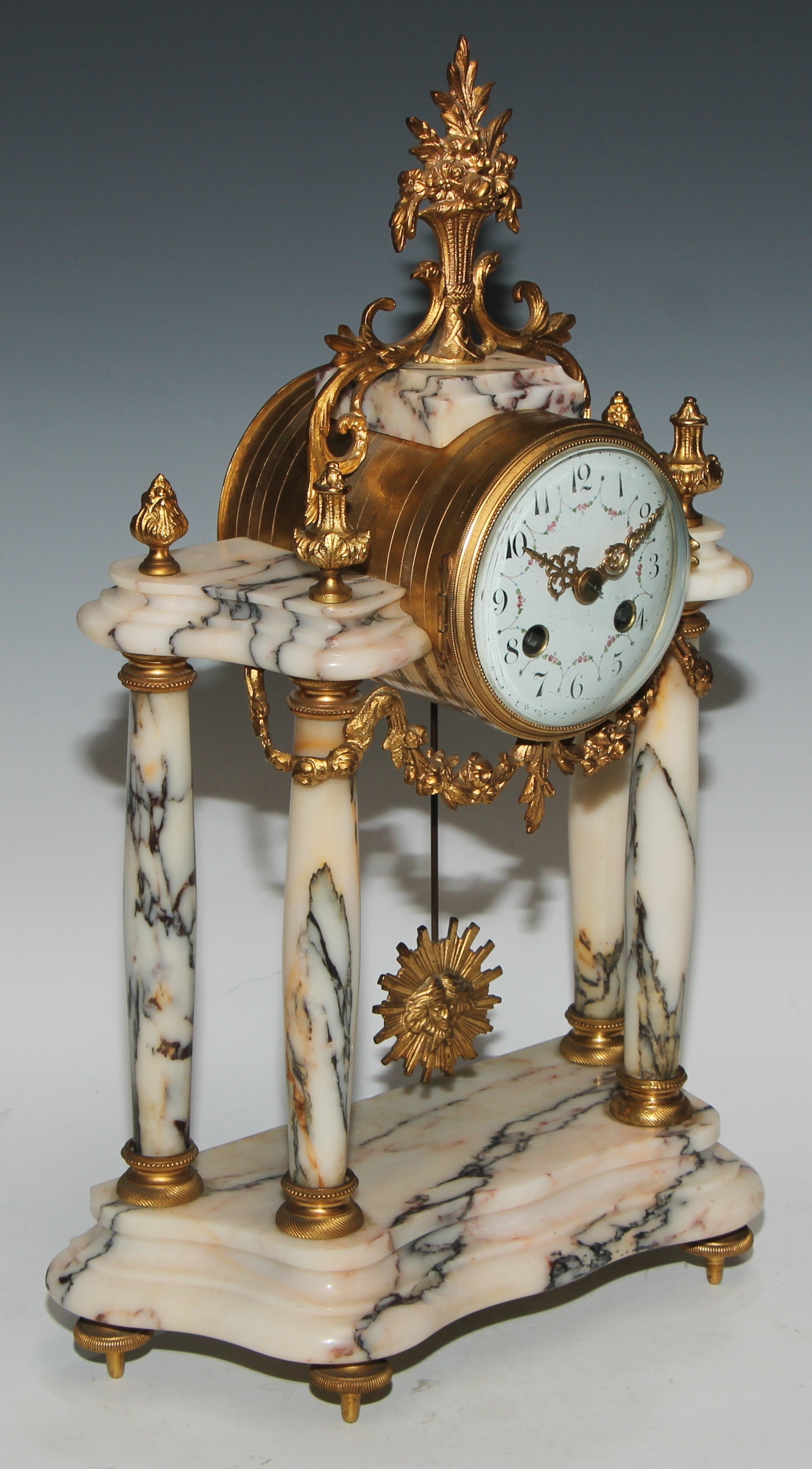 A late 19th century French gilt metal mounted marble portico clock garniture, 8.5cm convex enamel - Image 4 of 15