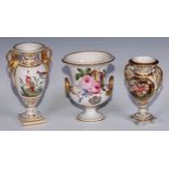 A Derby campana vase, painted with a spray of roses and summer flowers, gilt serpent handles, 17cm