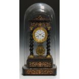 A 19th century French marquetry and ebonised portico clock, 10cm circular enamel dial inscribed with