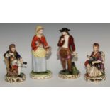 A matched pair of Derby figures, a lady and gentleman in 18th century dress, 16cm high; a pair of