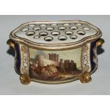 A Bloor Derby named view bombe shaped bough pot, painted with Bambro' [Bamburgh] Castle, picked