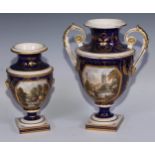 A Derby named view two-handled ovoid pedestal vase, painted with a view of Derby, in gilt with