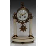 A 19th century French gilt bronze and white marble mantel clock, 8.5cm convex enamel dial