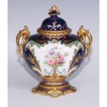 ***LOT WITHDRAWN***A Royal Crown Derby two handled pedestal ovoid vase and cover, well painted