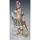 A large Derby patch mark figure, Mars, as a Roman centurion, scroll base, 35.5cm high, c.1765