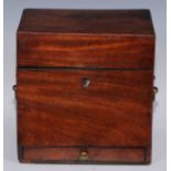 A George III mahogany apothecary-form work box, hinged cover enclosing a lift-out tray fitted with