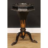 A Victorian gilt and abalone decorated papier-mâché and hardwood trumpet-shaped work table, hinged