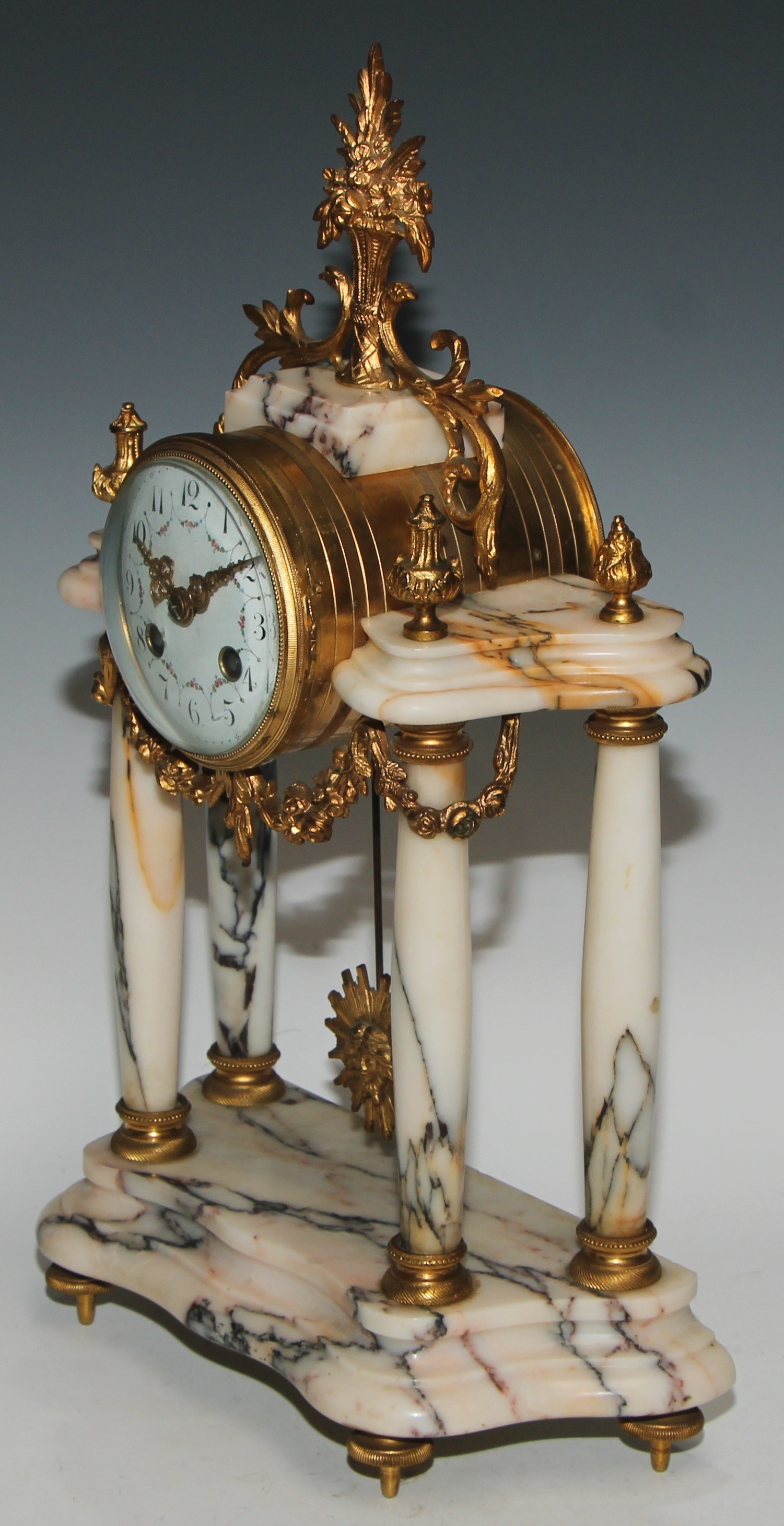 A late 19th century French gilt metal mounted marble portico clock garniture, 8.5cm convex enamel - Image 5 of 15