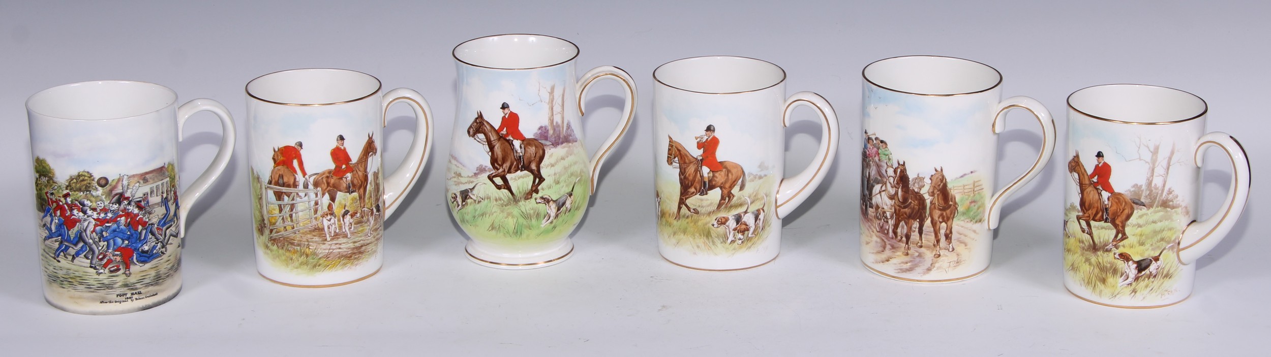 A Royal Crown Derby cylindrical mug, printed and painted by F Cox, with a hunting scene, to verso