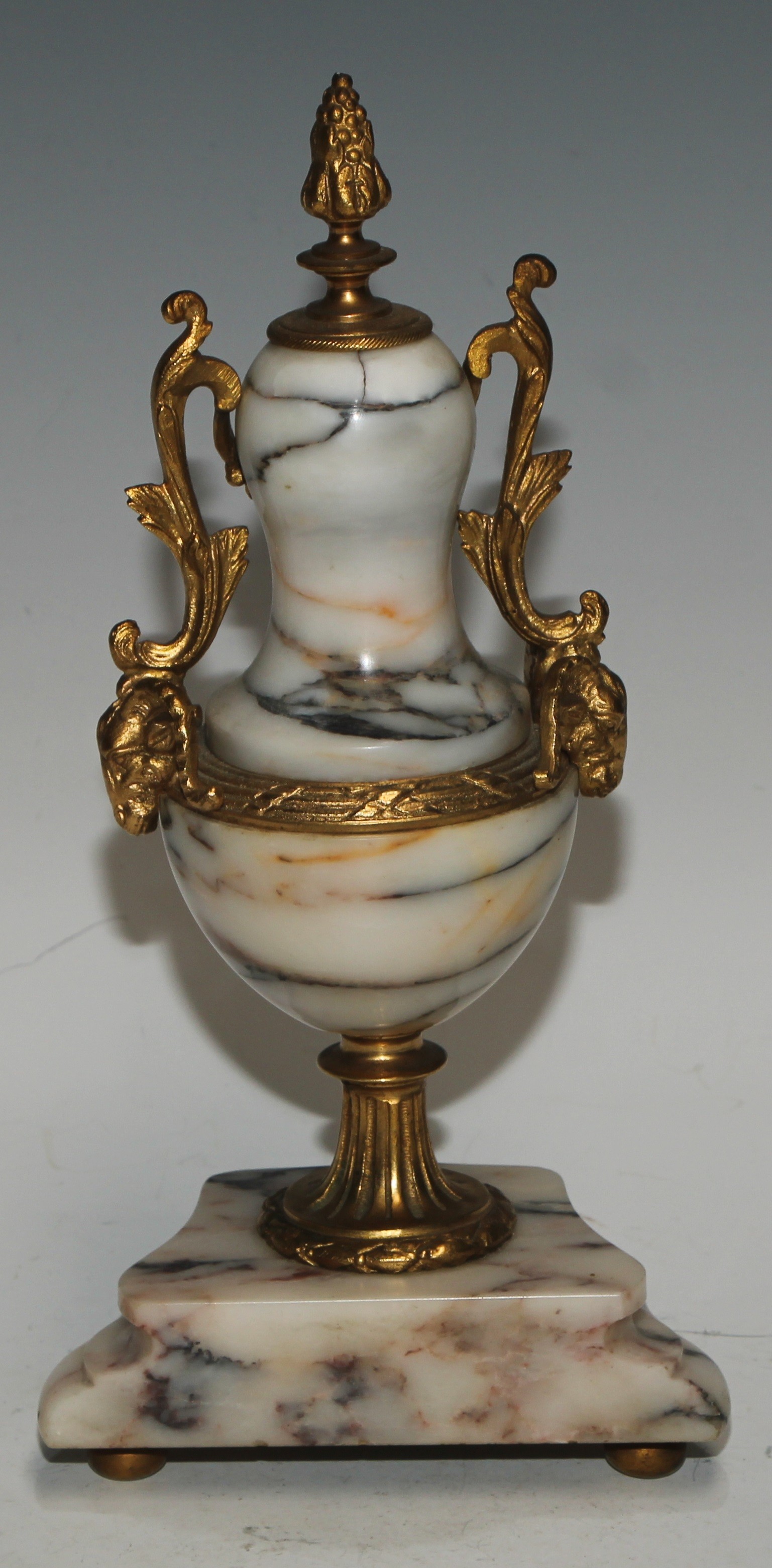 A late 19th century French gilt metal mounted marble portico clock garniture, 8.5cm convex enamel - Image 15 of 15