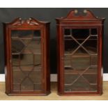 A George III splay front corner display cabinet, 114.5cm high, 66.5cm wide, 40cm deep; another,