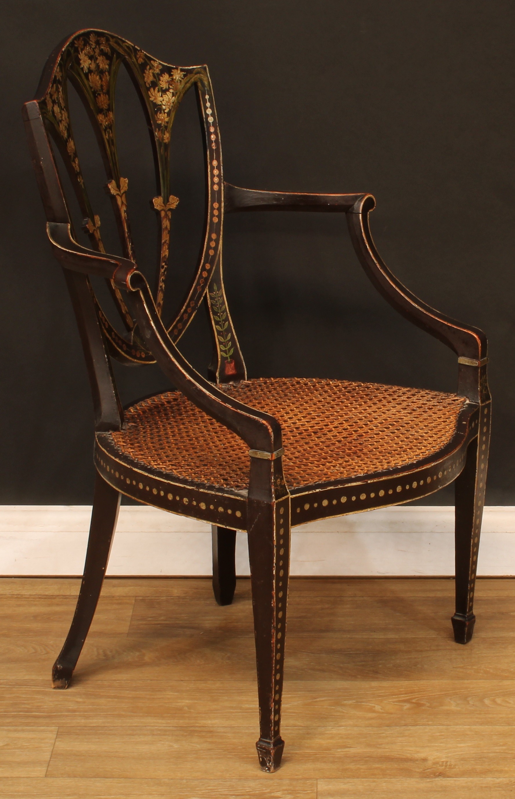 A Hepplewhite Revival painted and ebonised open armchair, cane seat, tapered square forelegs, - Bild 2 aus 4