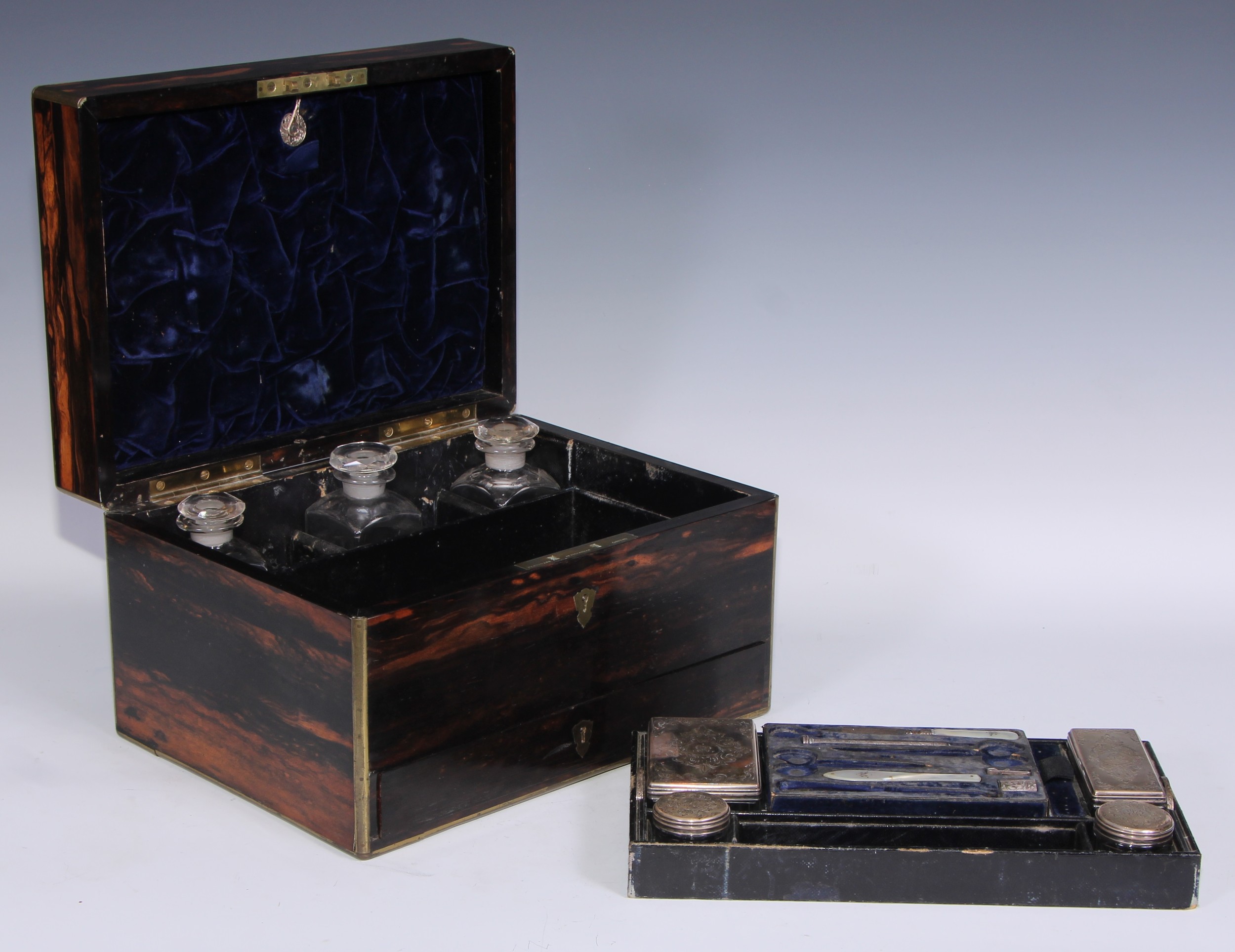 A Victorian brass bound coromandel rectangular dressing box, hinged cover enclosing an arrangement - Image 4 of 6