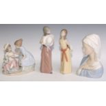 A Lladro bust, of maiden, 22cm high, printed markl other figures (4)
