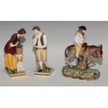 A pair of Sampson Hancock Derby figures, of gardeners, square pedestal bases, he stands 20cm high,