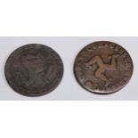 Coins - Isle of Man, a James Stanley, 10th Earl of Derby copper penny, 1709; a half penny token,