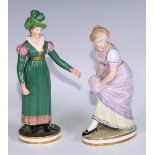 A Derby figure, of a post-Regency lady of fashion, circular base, 20.5cm high, red crown over