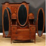 A Sheraton Revival mahogany and marquetry two-piece bedroom suite, comprising wardrobe, 212cm