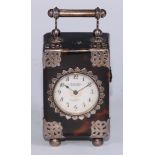 A French silver coloured metal mounted tortoiseshell miniature carriage timepiece, 3cm, enamel clock
