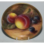A Royal Worcester circular pin dish, painted by D. Wild, signed, with peaches and cherries, 9cm
