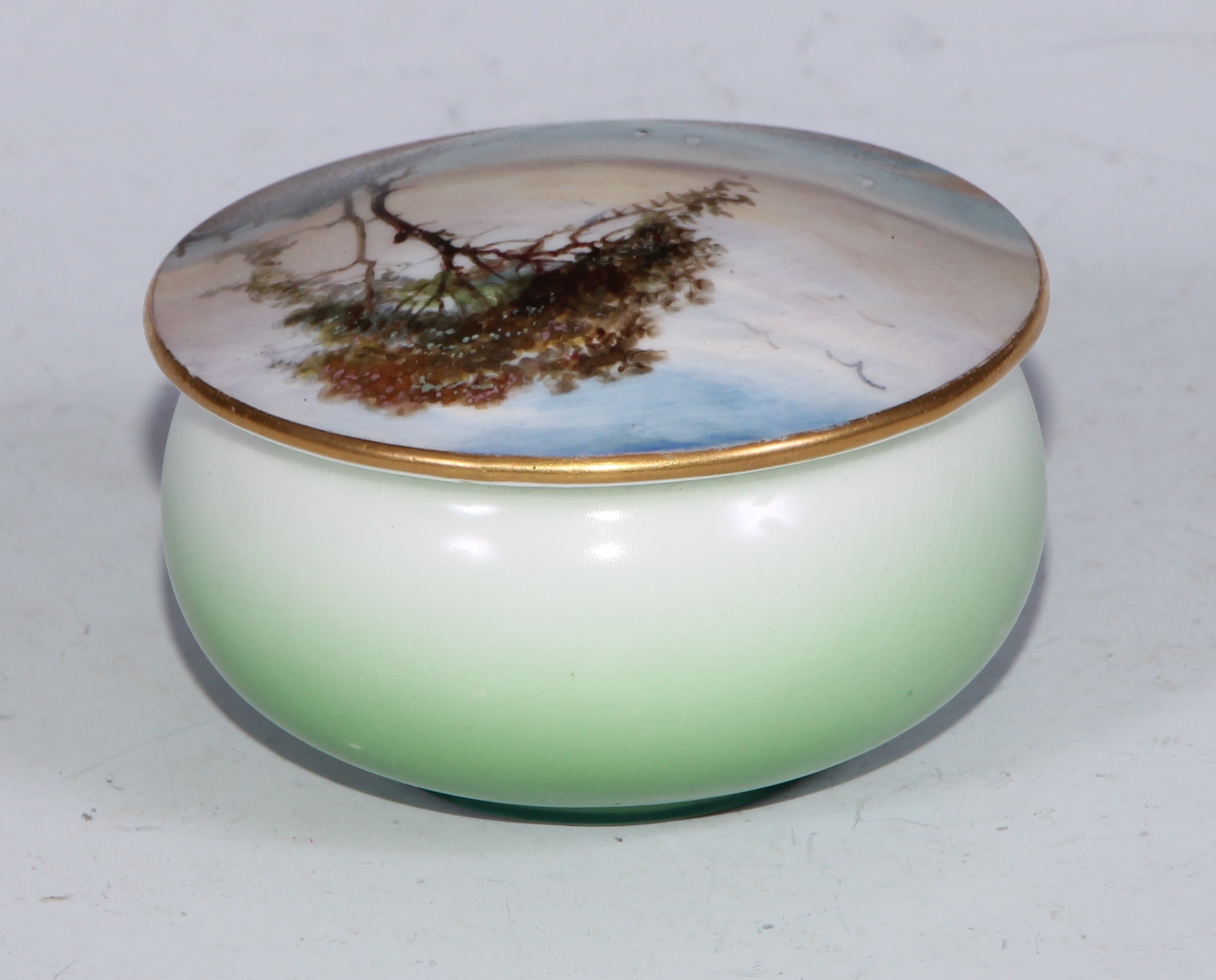 A Royal Worcester topographical trinket box and cover, painted with a coastal landscape, apple green - Bild 13 aus 22