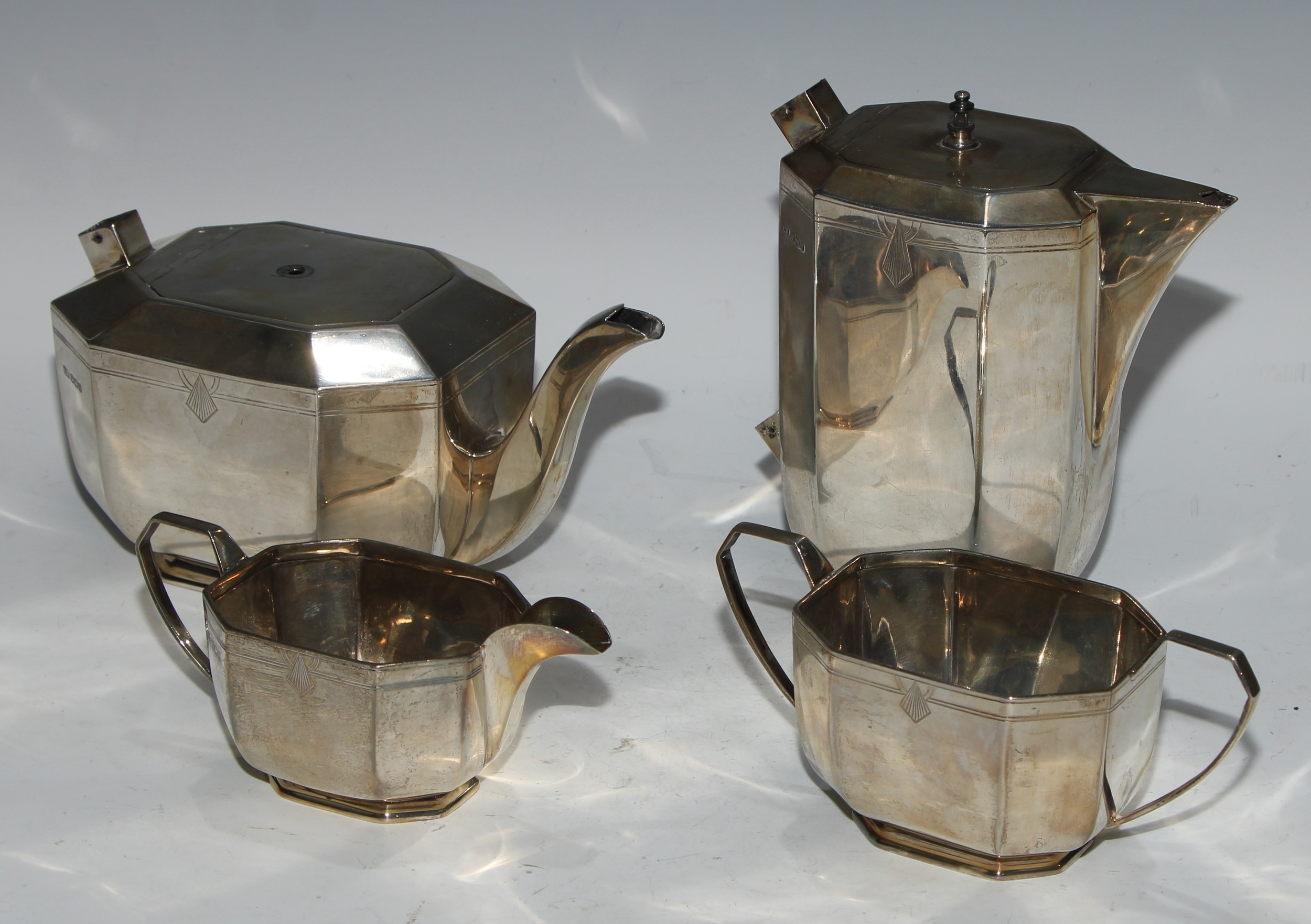 A late Art Deco silver four-piece tea service, Viners Ltd - Edward Viner, Sheffield, 1939, 1572g