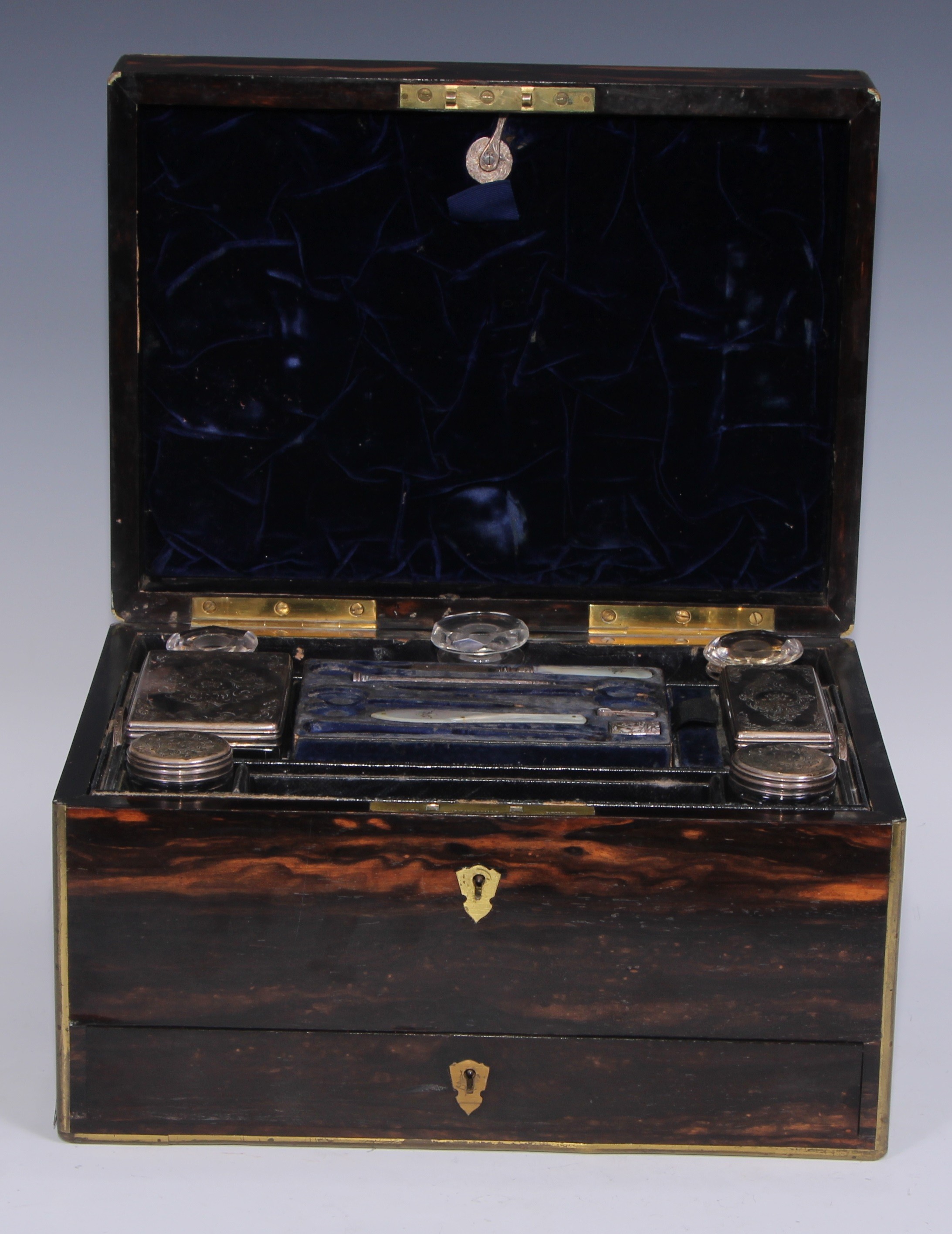 A Victorian brass bound coromandel rectangular dressing box, hinged cover enclosing an arrangement - Image 2 of 6