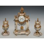 A late 19th century French gilt metal mounted marble portico clock garniture, 8.5cm convex enamel