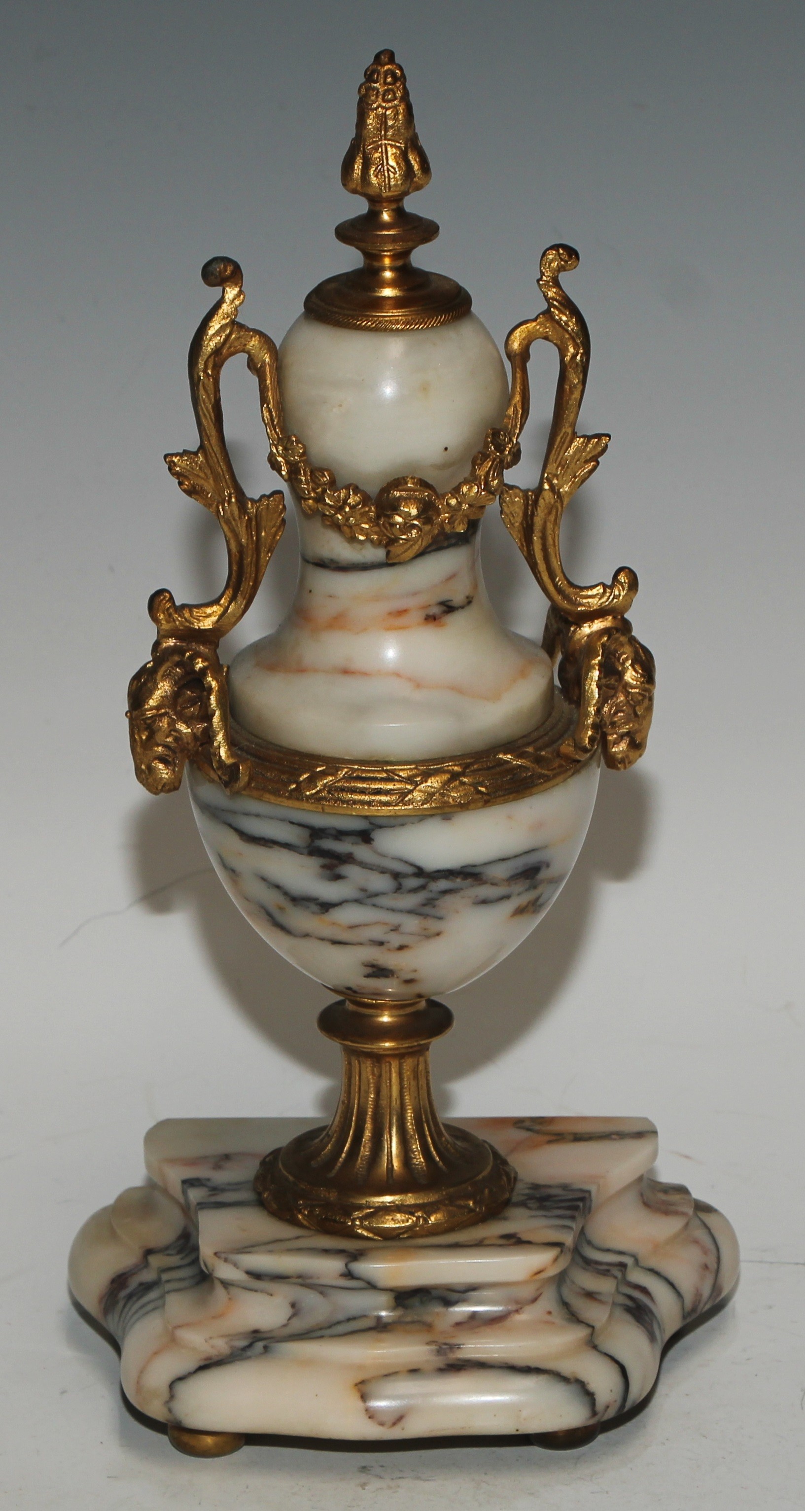 A late 19th century French gilt metal mounted marble portico clock garniture, 8.5cm convex enamel - Image 8 of 15