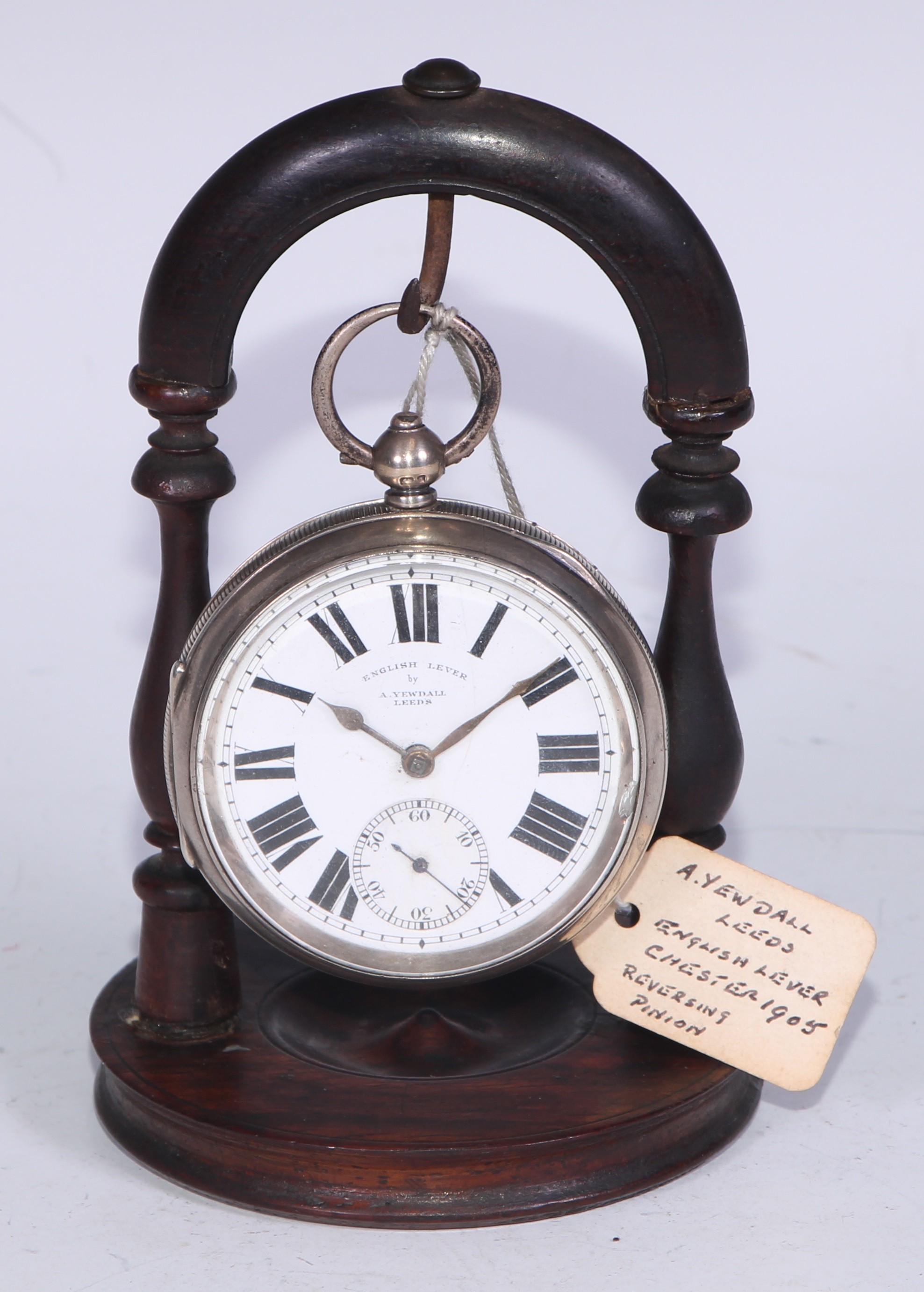 An Edwardian silver pocket watch, 5cm enamel dial inscribed English Lever by A Yewdall, Leeds, Roman