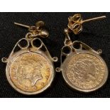 A pair of USA gold dollar coins, 1853, mounted in 9ct gold as earrings, 5.6g