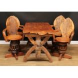 An unusual rough-lumber and cartwheel hub dining suite, comprising dining table, 75cm high, 137cm