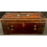 A George III mahogany and parquetry rectangular tea caddy, brass swan neck handle, 30cm wide, c.1810