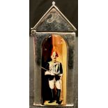 A silver and enamel mounted novelty vesta case, as a sentry box