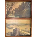 Arthur Tunstall A pair, Goodrich Castle on River Wye signed, label to verso, oils. Largest