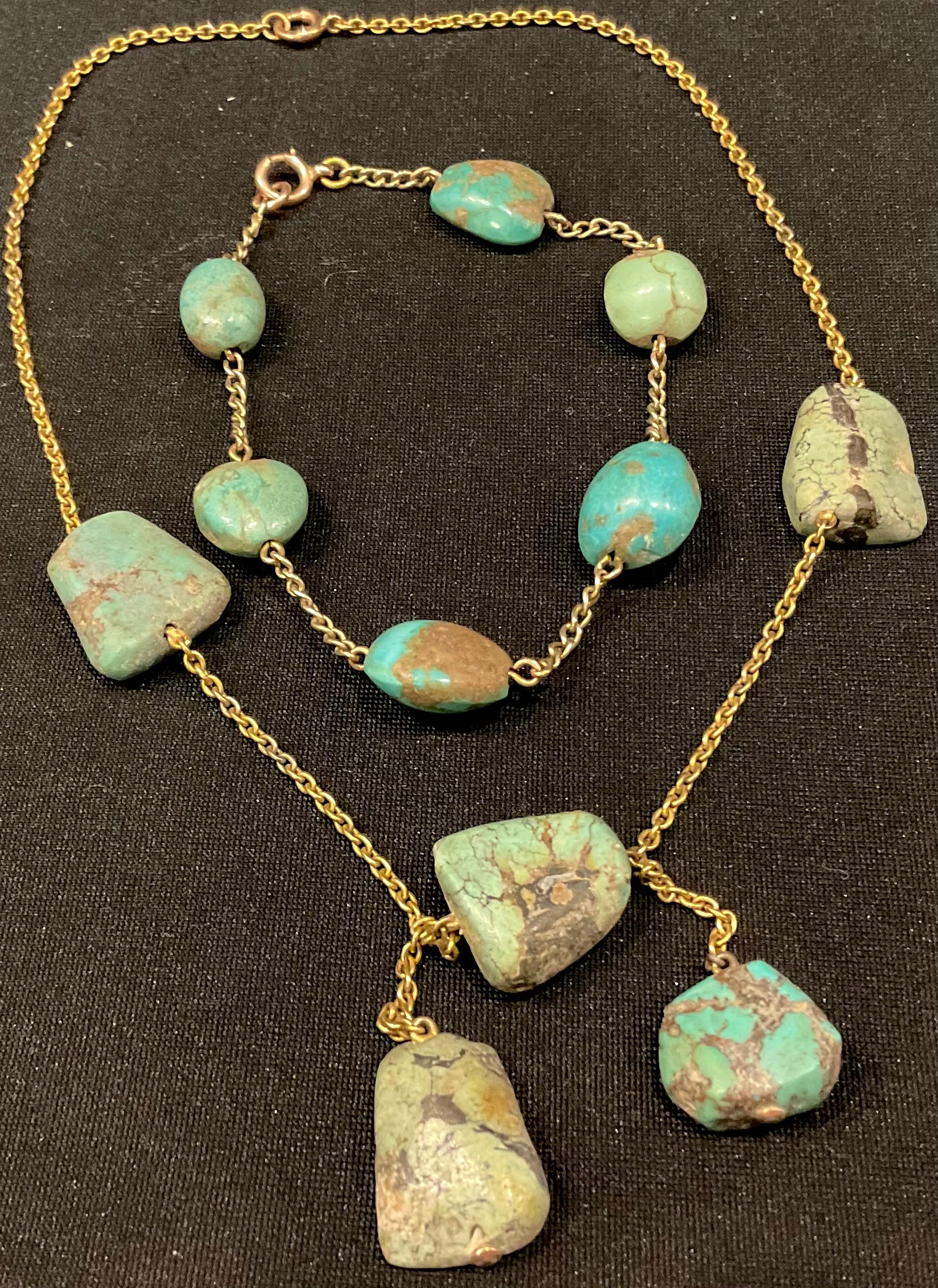 A 9ct gold and turquoise necklace, ruff cut stones; a 9ct gold and turquoise conforming bracelet (