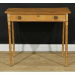 A Regency pine side table, oversailing top above a long drawer, carved faux-bamboo legs, 78cm