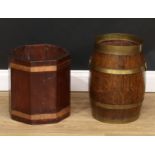 A coopered oak fuel or log bin, 41cm high, the top 25cm diameter; a similar octagonal fireside