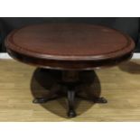 A large early 20th century mahogany twin-pillar boardroom table, oval top with inset writing