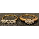 An 18ct gold five stone illusion set diamond ring, size P, 2.66g; a 9ct gold white stone ring,